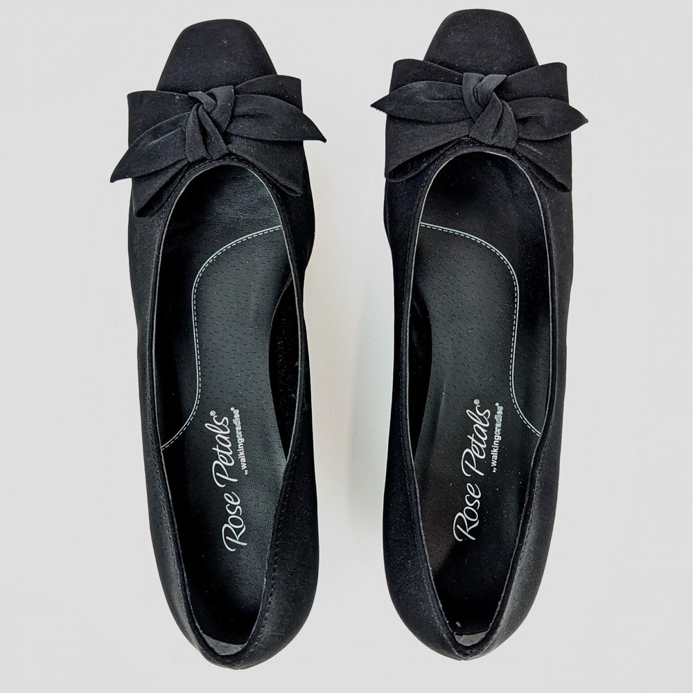 Rose Petals By Walking Cradles Dani Black Micro Pumps Size 7N Bow Career Heels - Picture 8 of 10